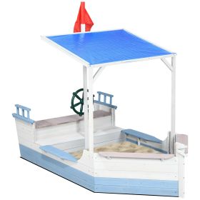 Outsunny Kids Outdoor Sandbox, Blue Sandboat Design with Bench Seats and UV-Resistant Canopy, Fun Backyard Play