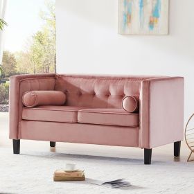 Mid-Century Velvet Sofa, Love Seats Sofa Furniture with Bolster Pillows, Button Tufted Couch for Living Room, Tool-Free Assembly, Pink