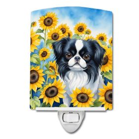 NEW Japanese Chin in Sunflowers Ceramic Night Light Compact, UL-Certified, Ideal for Bedroom, Bathroom, Nursery, Hallway, Kitchen, 6x4x3, Multicolor