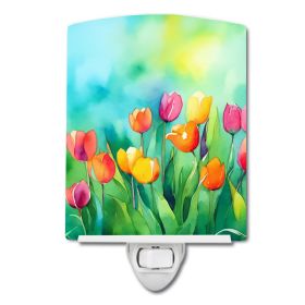 NEW Tulips in Watercolor Ceramic Night Light Compact, UL-Certified, Ideal for Bedroom, Bathroom, Nursery, Hallway, Kitchen, 6x4x3, Multicolor