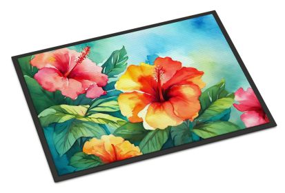 NEW Hawaii Hawaiian Hibiscus in Watercolor Doormat Front Door Mat Indoor Outdoor Rugs for Entryway, Non Slip Washable Low Pile, 18H X 27W