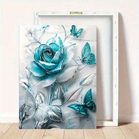 Elegant Turquoise Blue Crystal Rose & Teal Butterflies Canvas Wall Art With Wooden Frame - Classic Decorative Poster For Living Room, Bedroom, Ho (Option: 12x8inch)