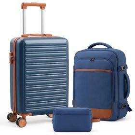 3pcs Travel Luggage Set with Backpack, Includes 20-Inch Carry-On Suitcase, Duffle Style Travel Bag, And Versatile Backpack, Durable Hard Shell, T (Option: blue)